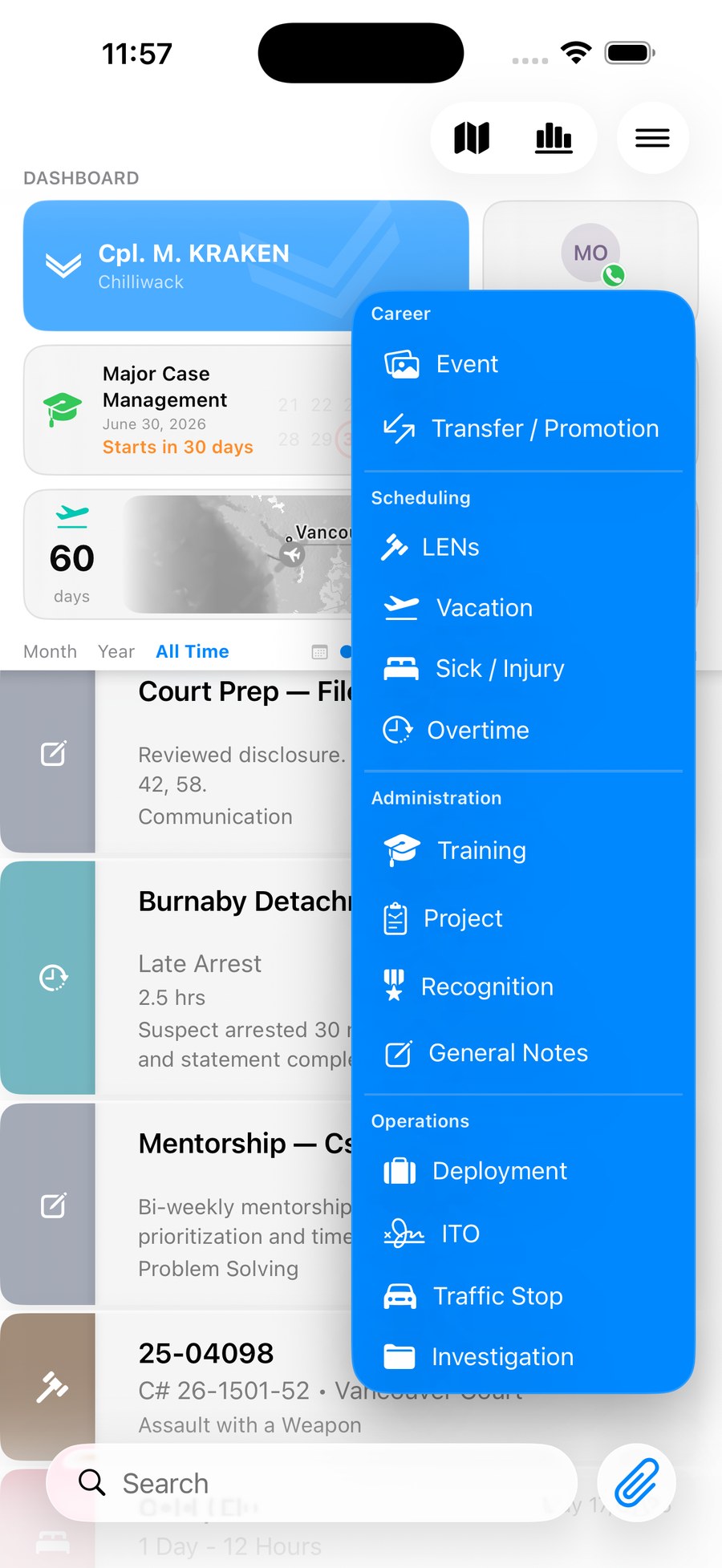 Quick-add menu listing clip types: events, transfers, LENs, vacation, overtime, training, deployments, ITO, and more