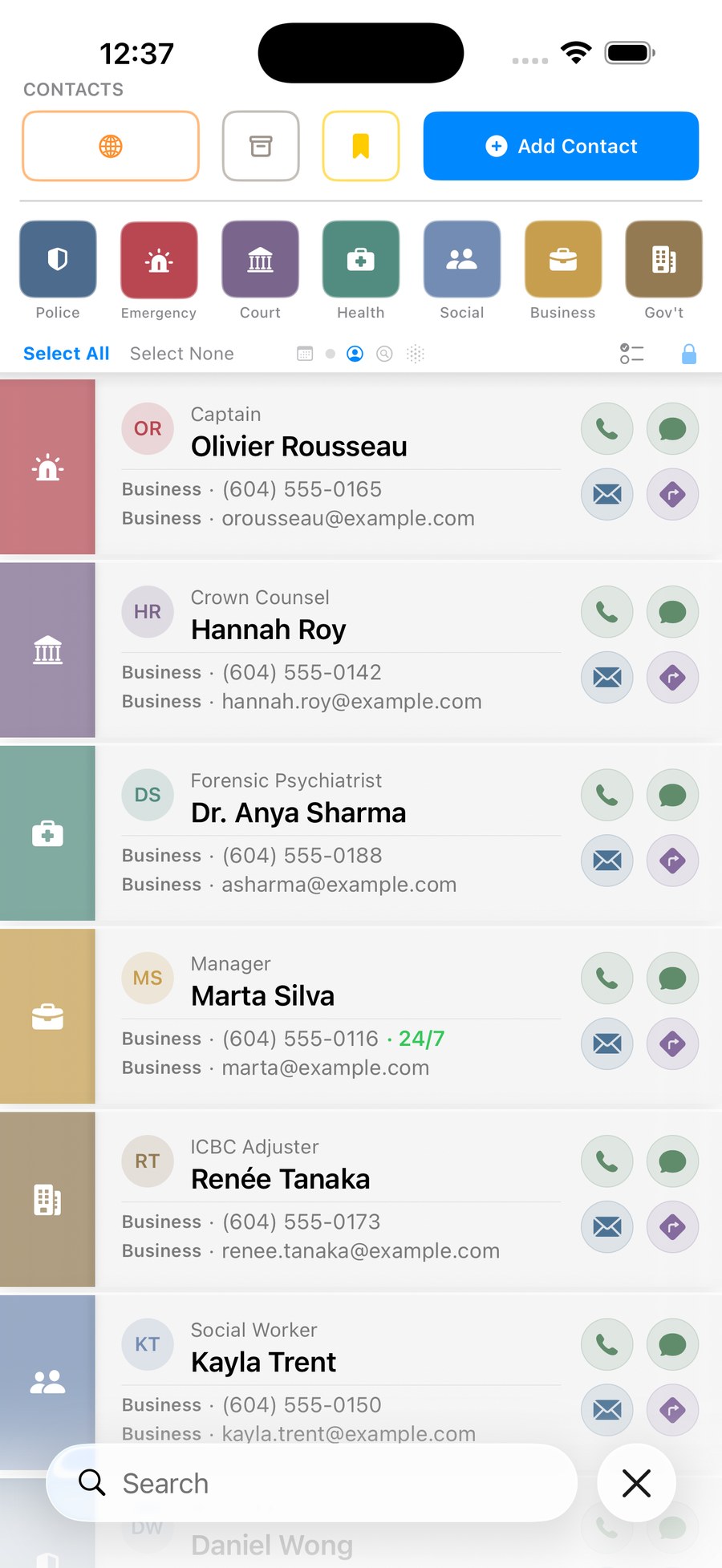 Contacts screen with categories for police, emergency, court, health, social, business, and government