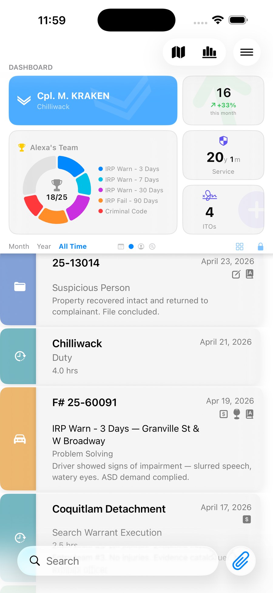BlueClip dashboard showing rank card, investigations count, team progress ring, and recent clips