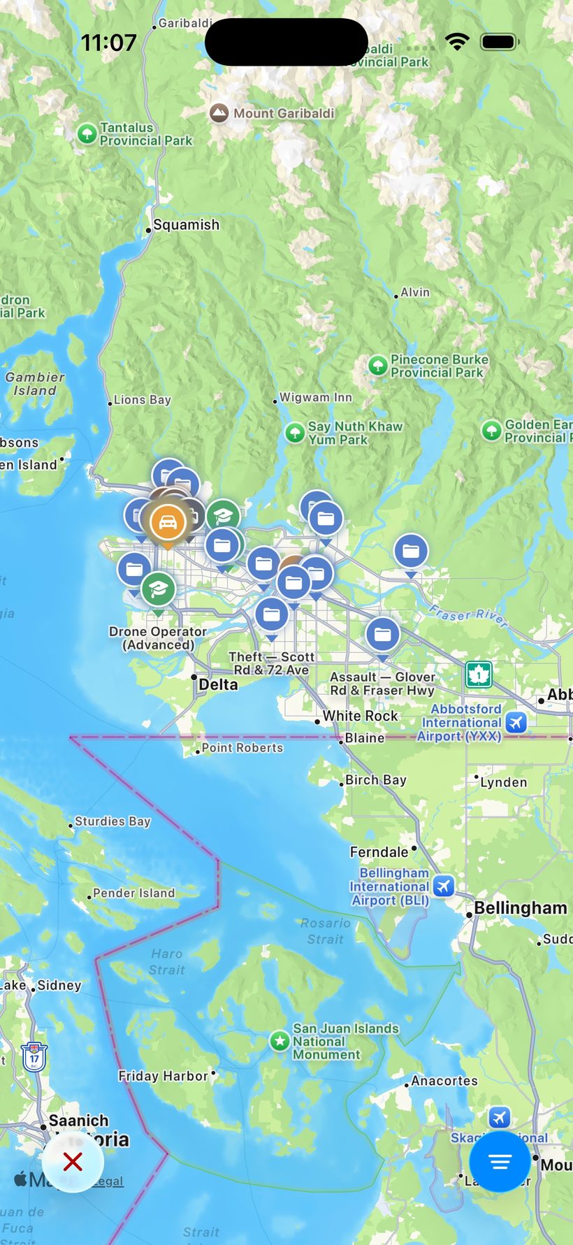 Map of the Lower Mainland with investigation, training, and traffic stop pins