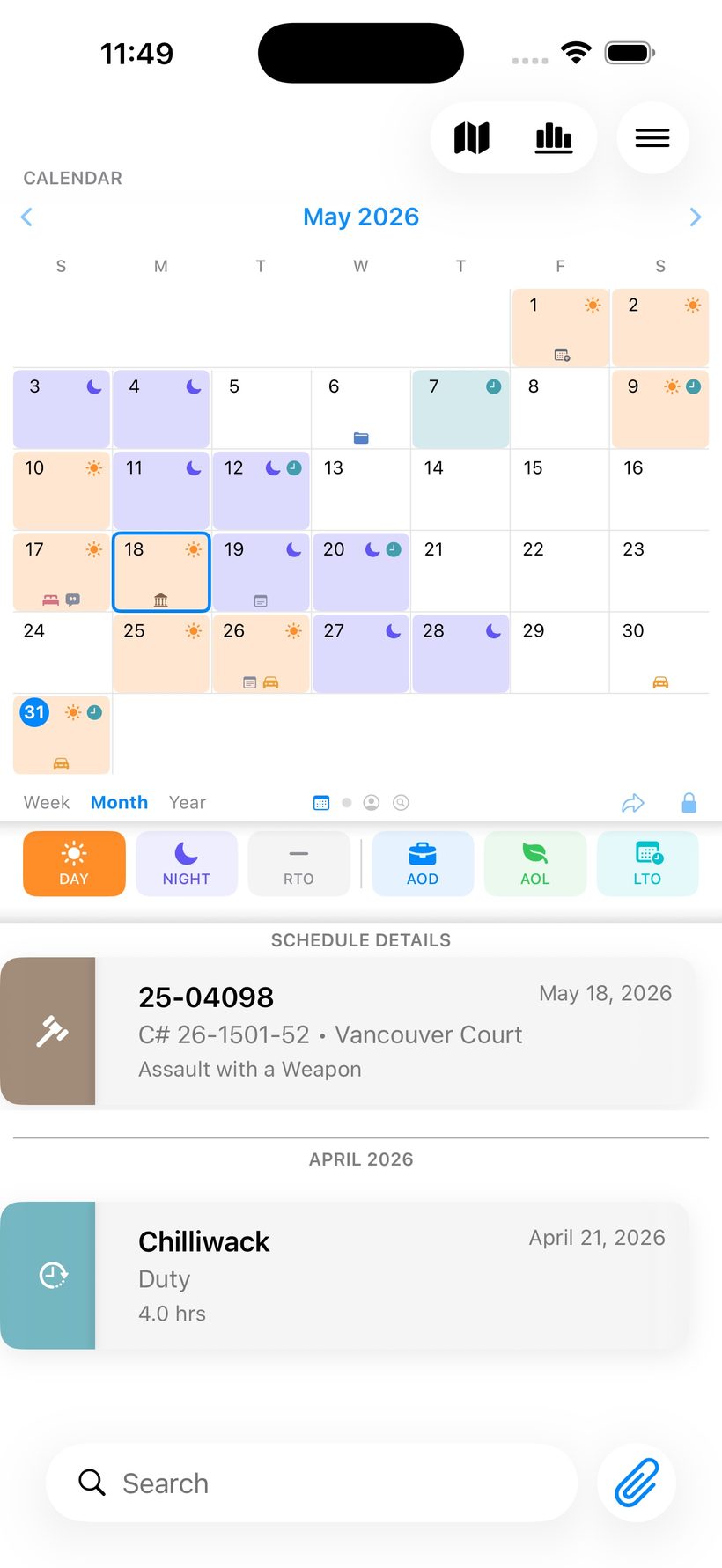 Calendar view with shift pattern colour-coding and a court appearance flagged on May 18