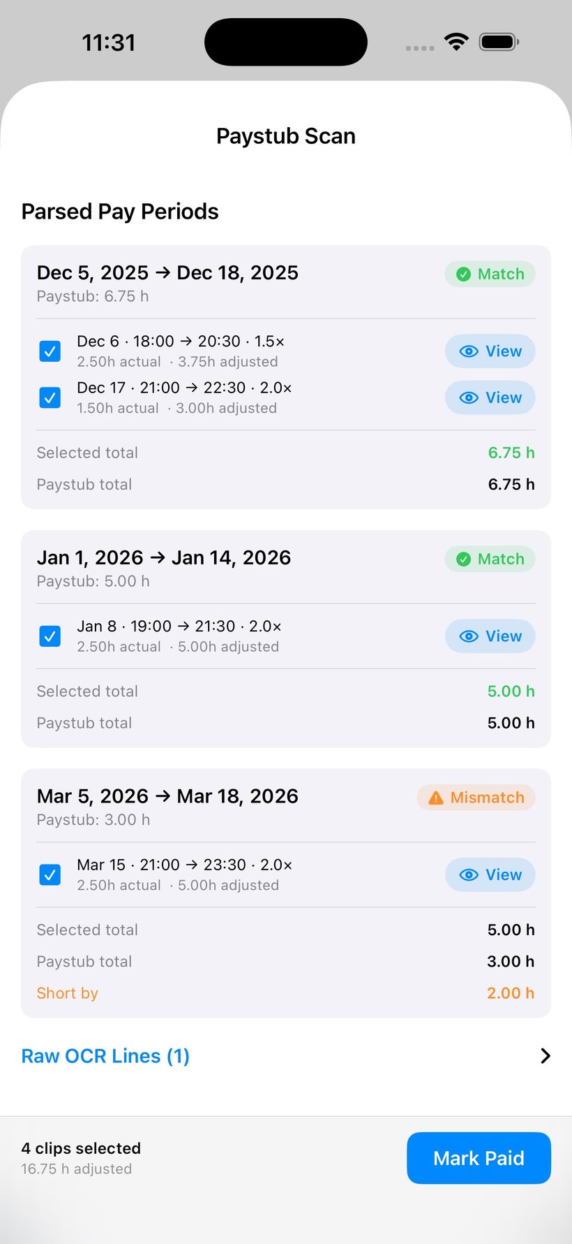 Paystub scan results matching pay periods against logged overtime, with one period flagged short by two hours