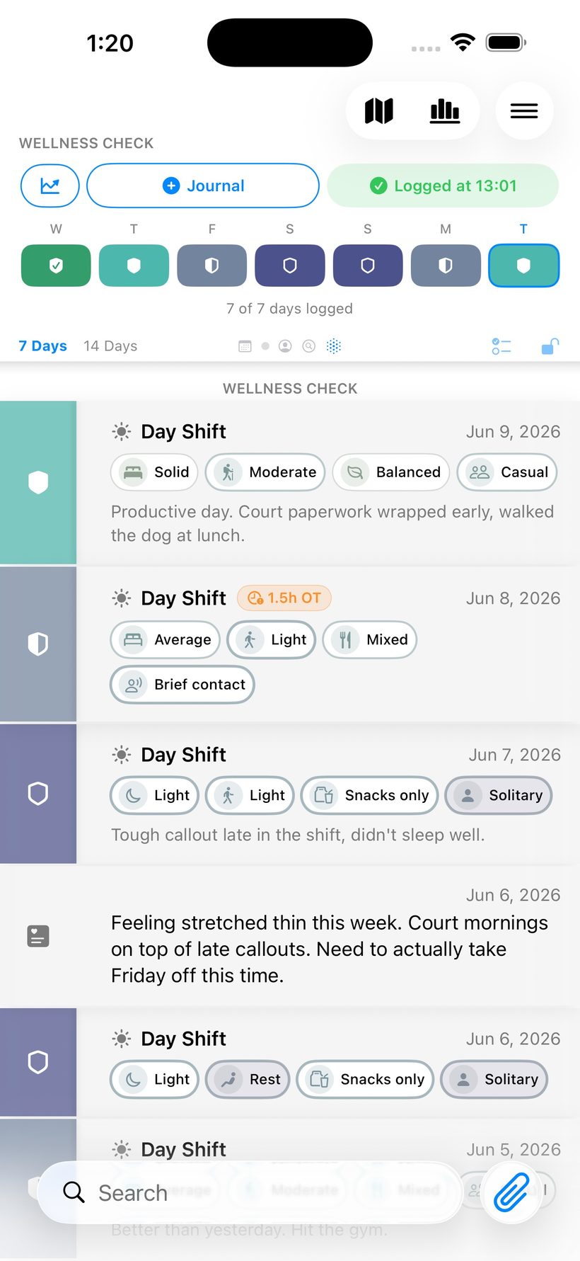 Wellness check screen with a week of logged day shifts, mood tags, and journal notes